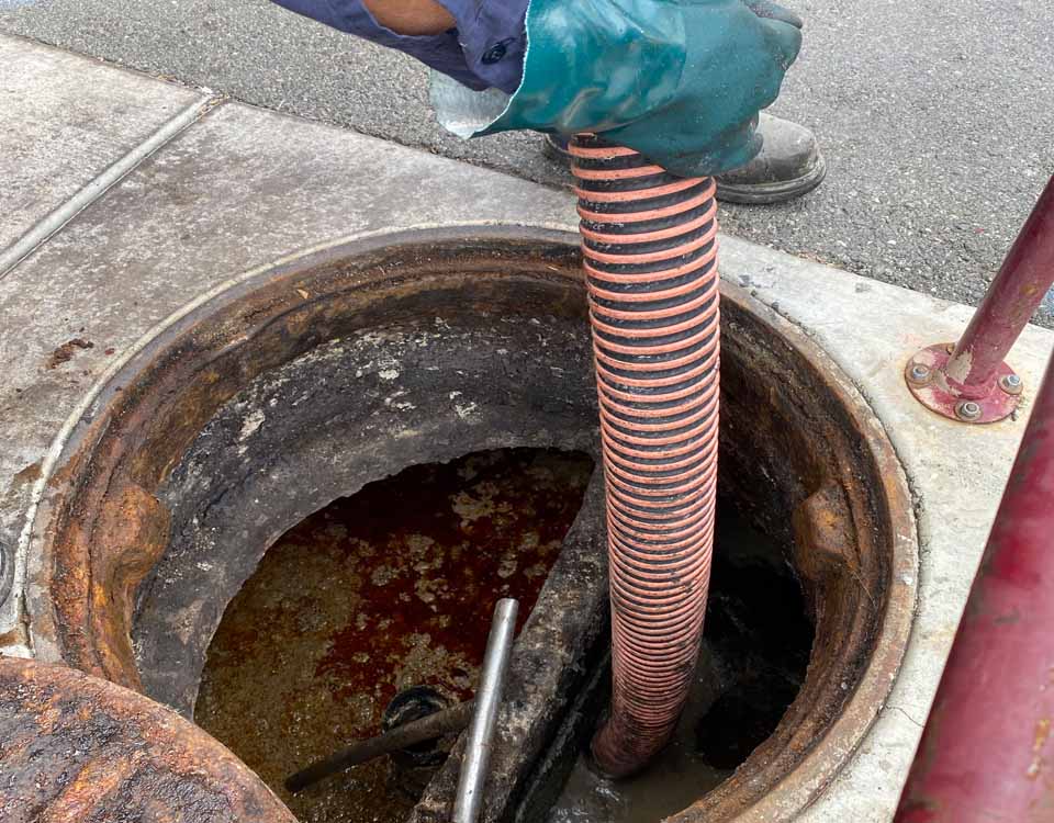 Grease interceptors are found outdoor and cleaning increment can vary based on the size. Los Angeles County requires all grease interceptors to be serviced before its fats, oils, grease, and food solid content to not exceed 25% to be in compliance.  