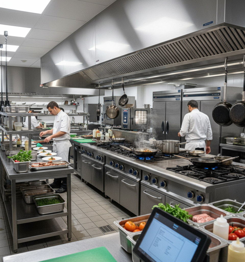 Commercial kitchen, highlighting importance of grease trap cleaning