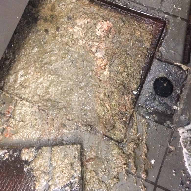 Grease spill from an overflowing commercial kitchen grease trap requiring proper grease spill clean up and grease trap service.